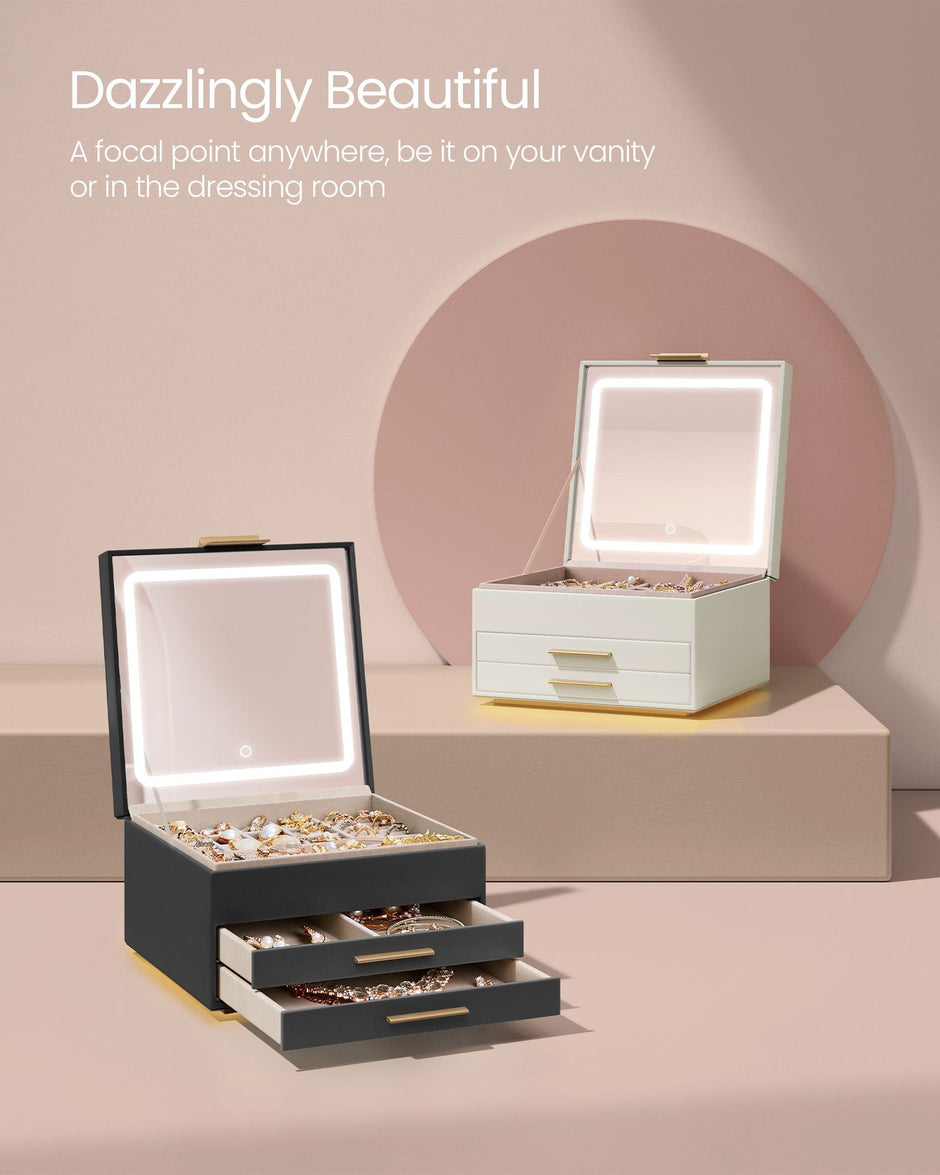 Jewellery Box – PU – Cream White and Gold – 3 Layers with Mirror and LED Lights