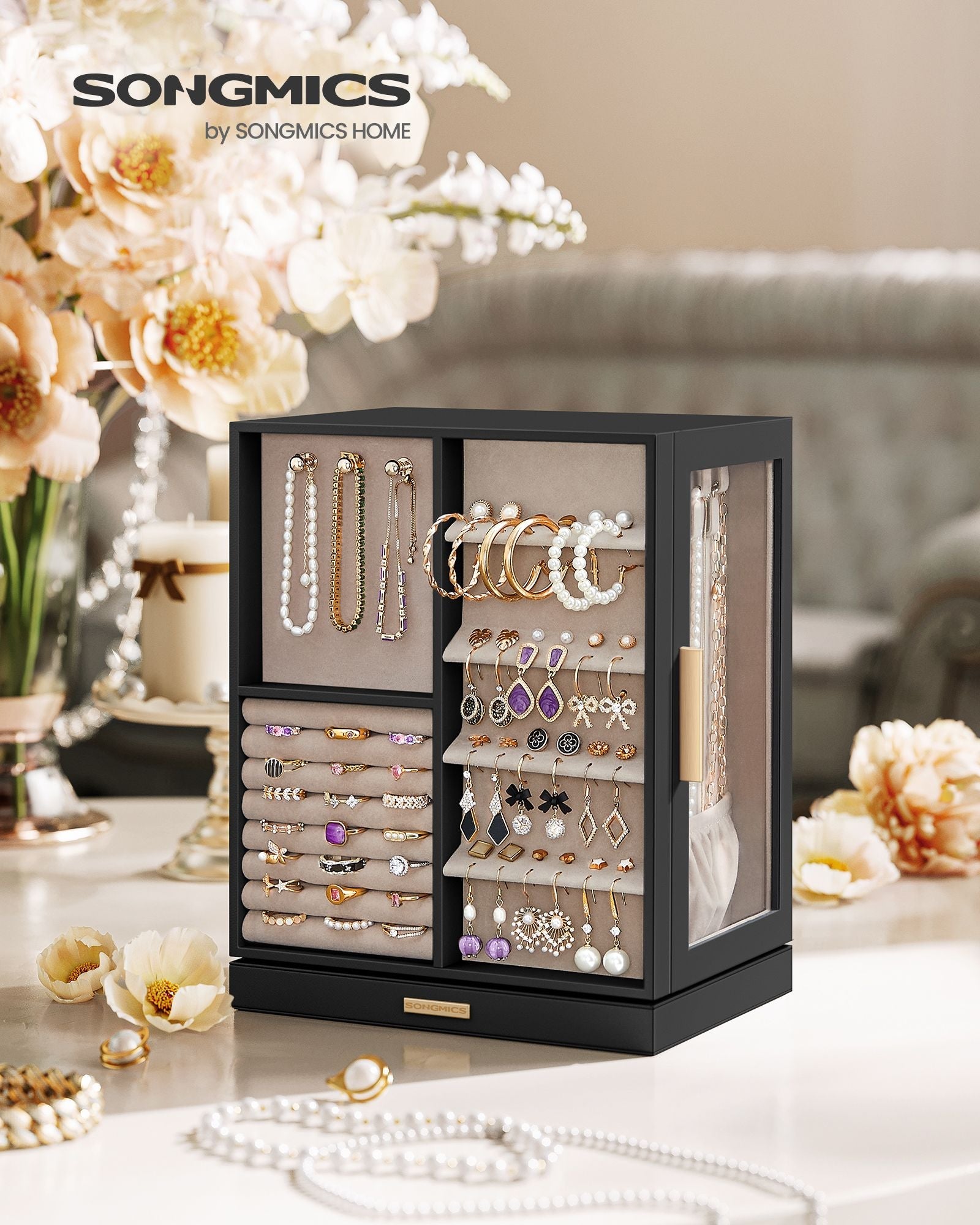 Jewellery Box – Wood – Black – 360° Rotating with Glass Window and 5 Drawers