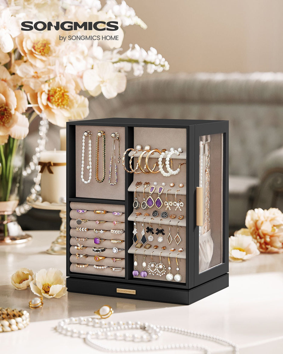 Jewellery Box – Wood – Black – 360° Rotating with Glass Window and 5 Drawers