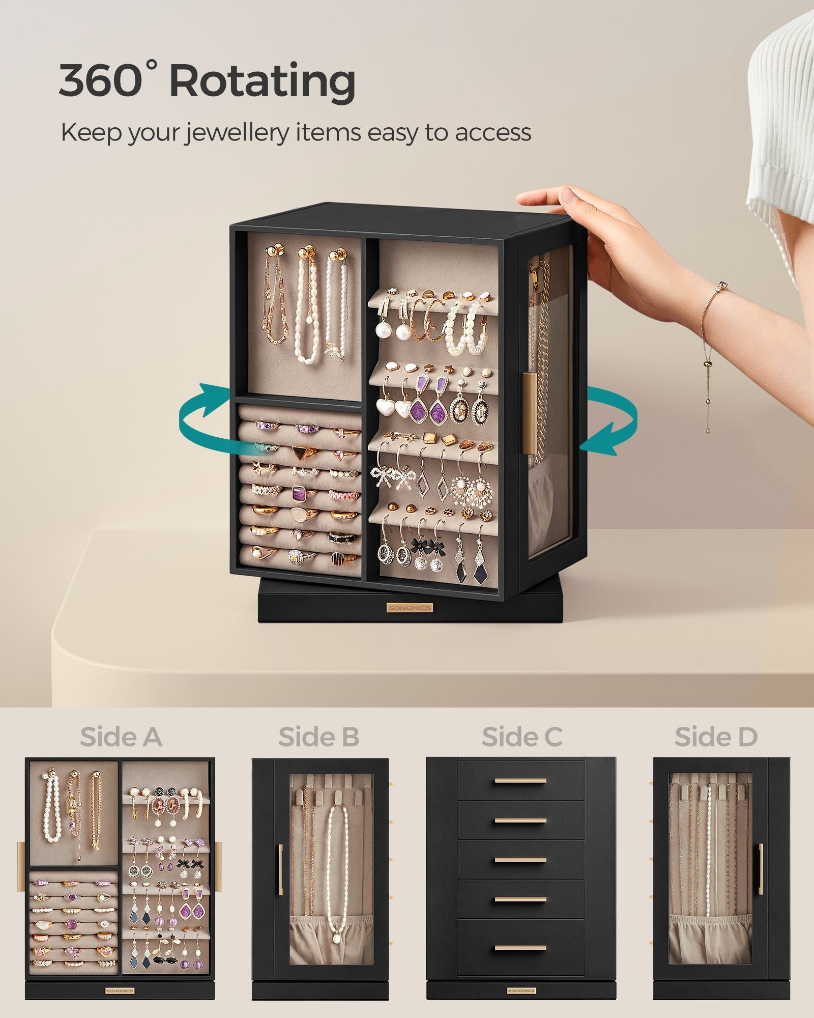 Jewellery Box – Wood – Black – 360° Rotating with Glass Window and 5 Drawers