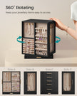 Jewellery Box – Wood – Black – 360° Rotating with Glass Window and 5 Drawers