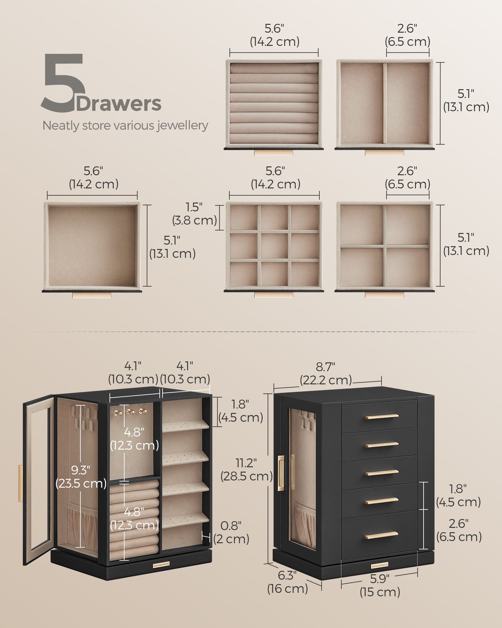 Jewellery Box – Wood – Black – 360° Rotating with Glass Window and 5 Drawers