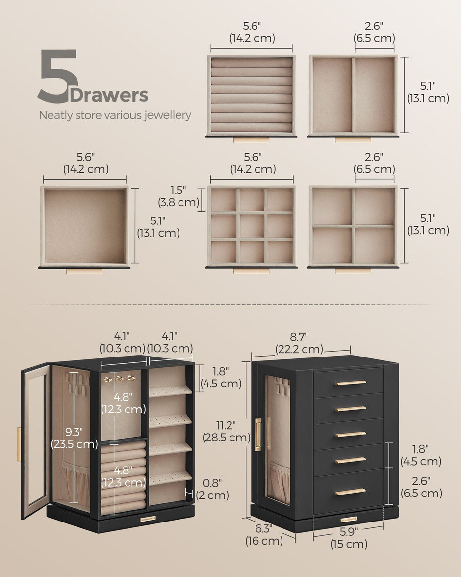 Jewellery Box – Wood – Black – 360° Rotating with Glass Window and 5 Drawers
