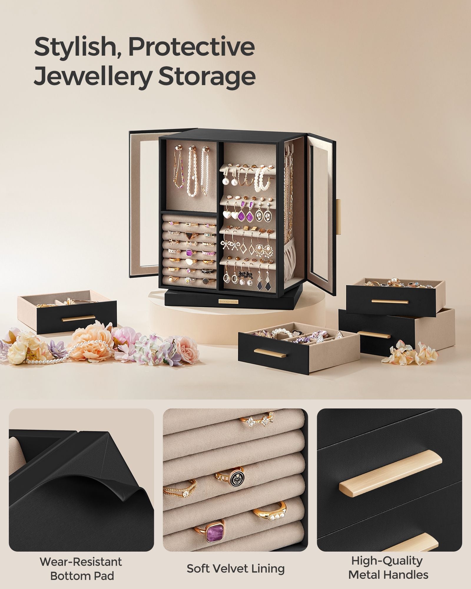 Jewellery Box – Wood – Black – 360° Rotating with Glass Window and 5 Drawers