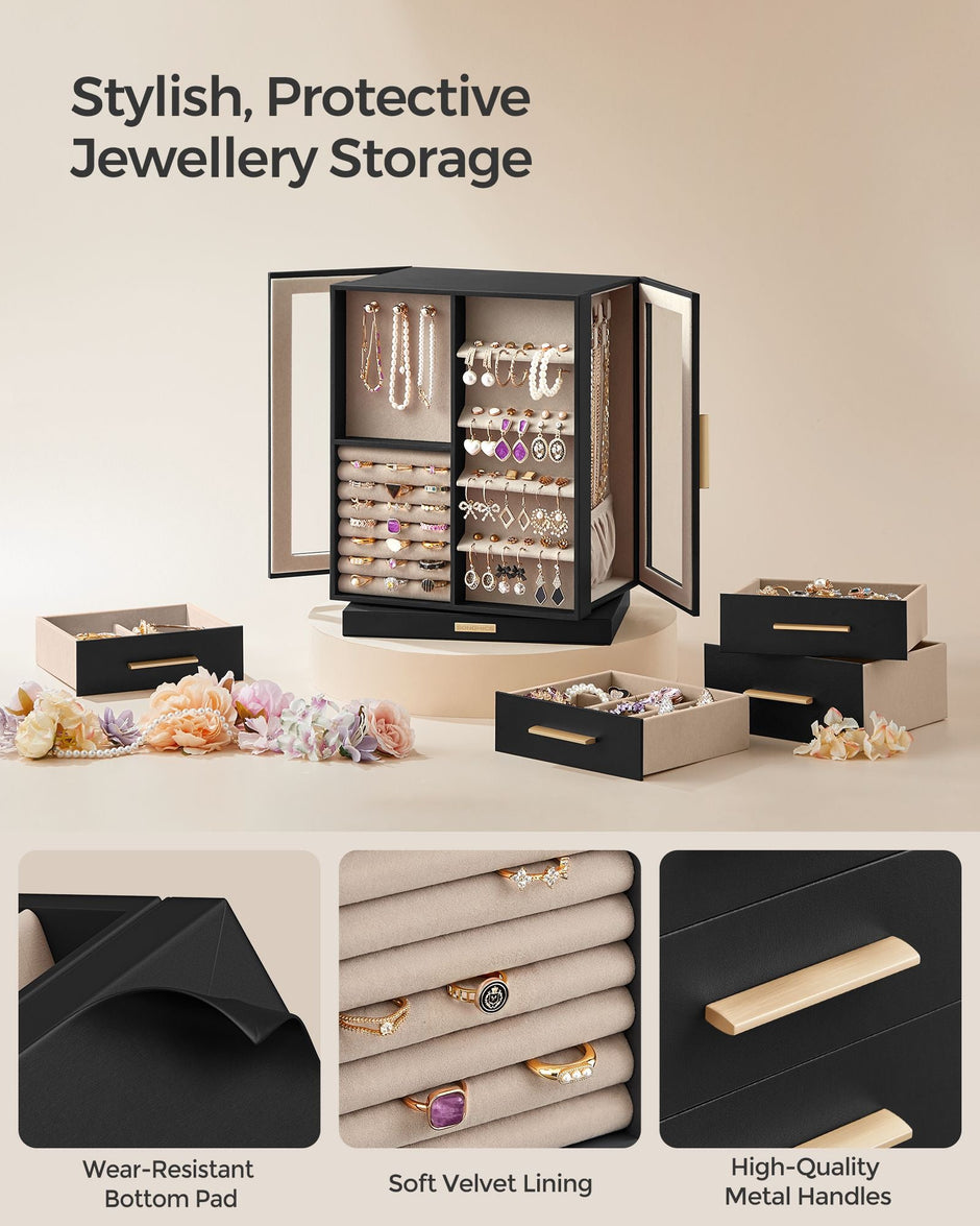 Jewellery Box – Wood – Black – 360° Rotating with Glass Window and 5 Drawers