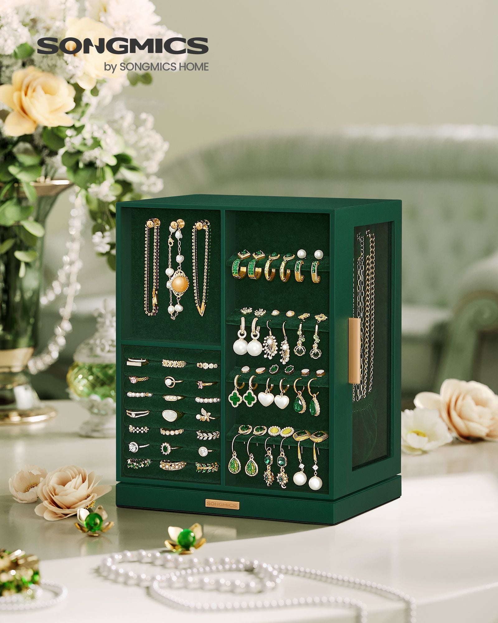 Jewellery Box – Wood – Black – 360° Rotating with Glass Window and 5 Drawers