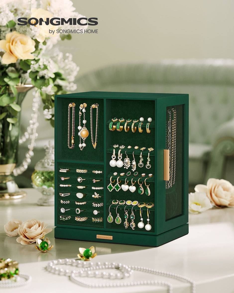 Jewellery Box – Wood – Black – 360° Rotating with Glass Window and 5 Drawers