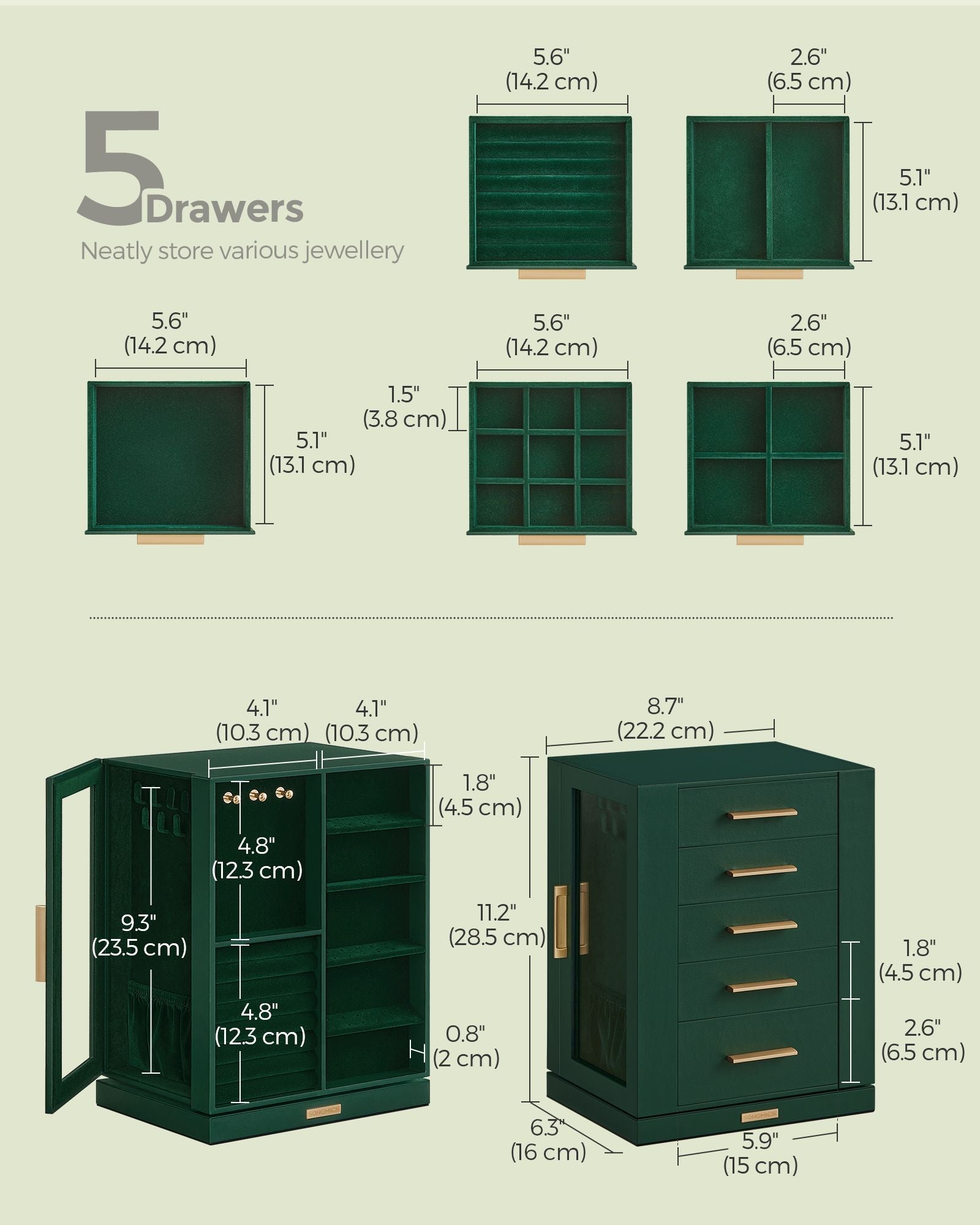 Jewellery Box – Wood – Black – 360° Rotating with Glass Window and 5 Drawers