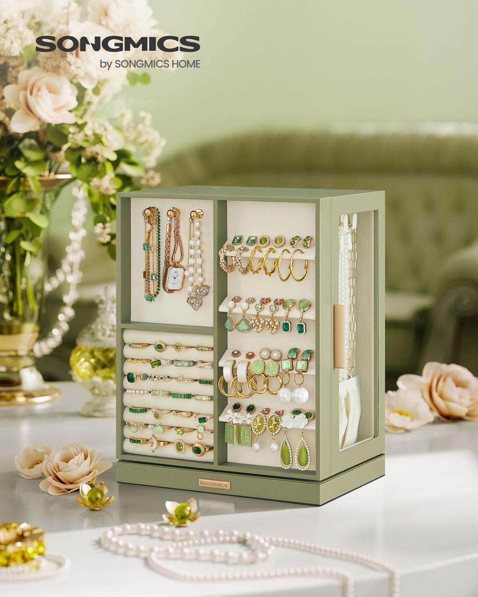 Jewellery Box – Glass, Wood – Laurel Green – 360° Rotating with 5 Drawers