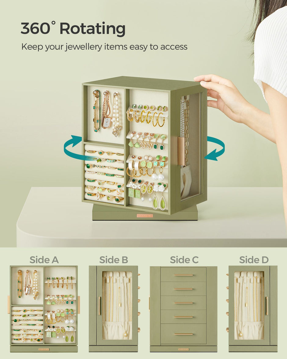 Jewellery Box – Glass, Wood – Laurel Green – 360° Rotating with 5 Drawers