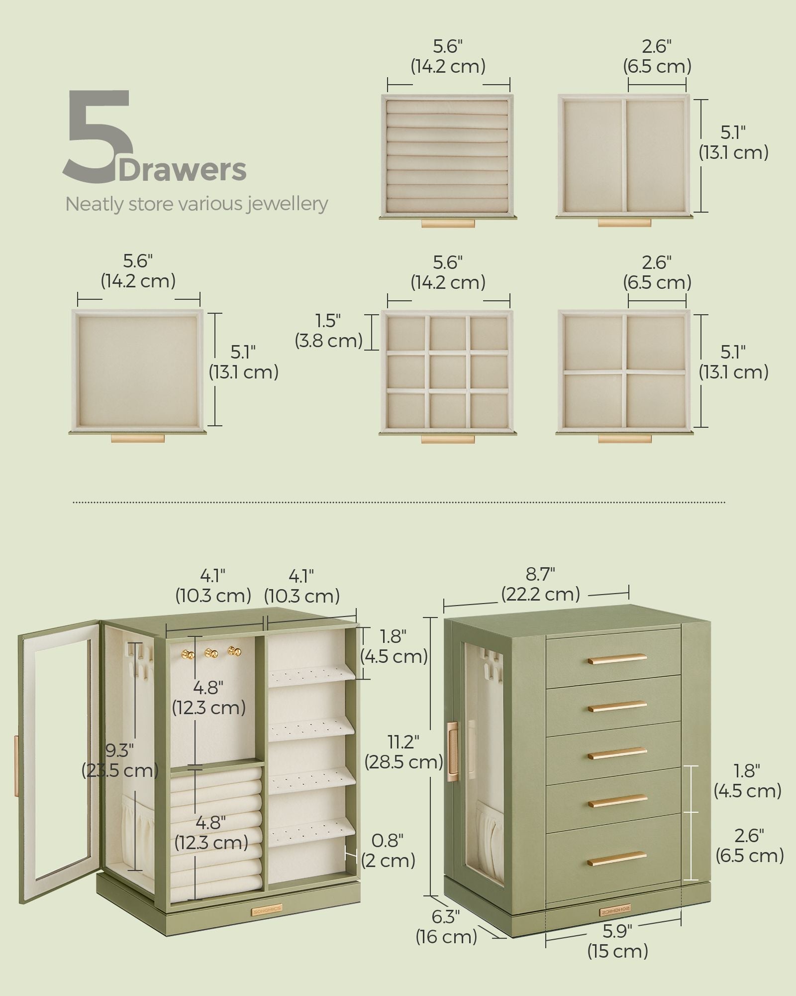 Jewellery Box – Glass, Wood – Laurel Green – 360° Rotating with 5 Drawers