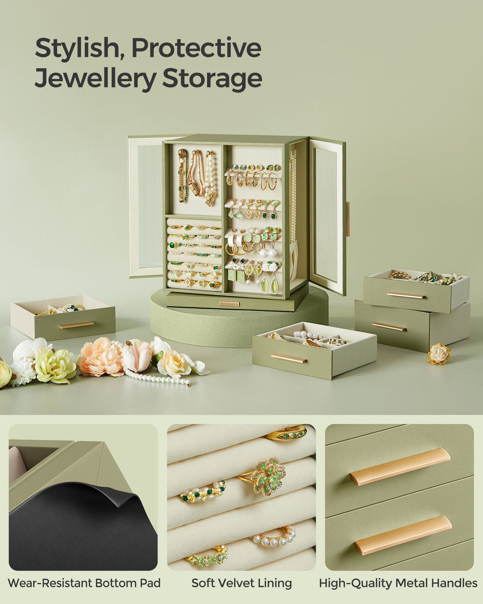 Jewellery Box – Glass, Wood – Laurel Green – 360° Rotating with 5 Drawers