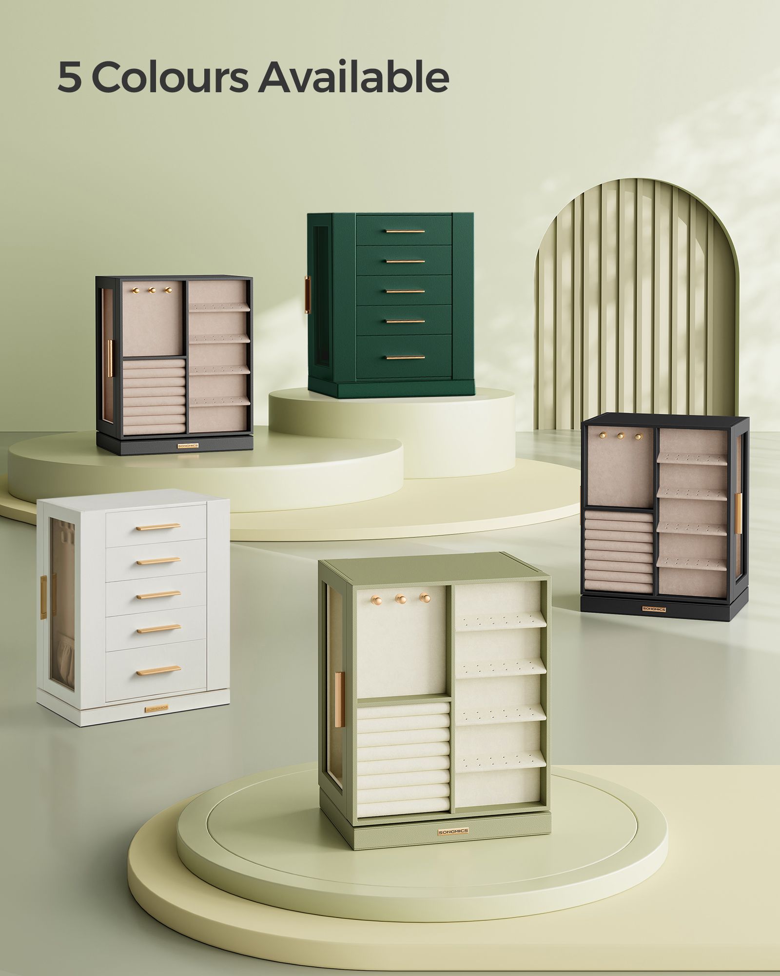 Jewellery Box – Glass, Wood – Laurel Green – 360° Rotating with 5 Drawers