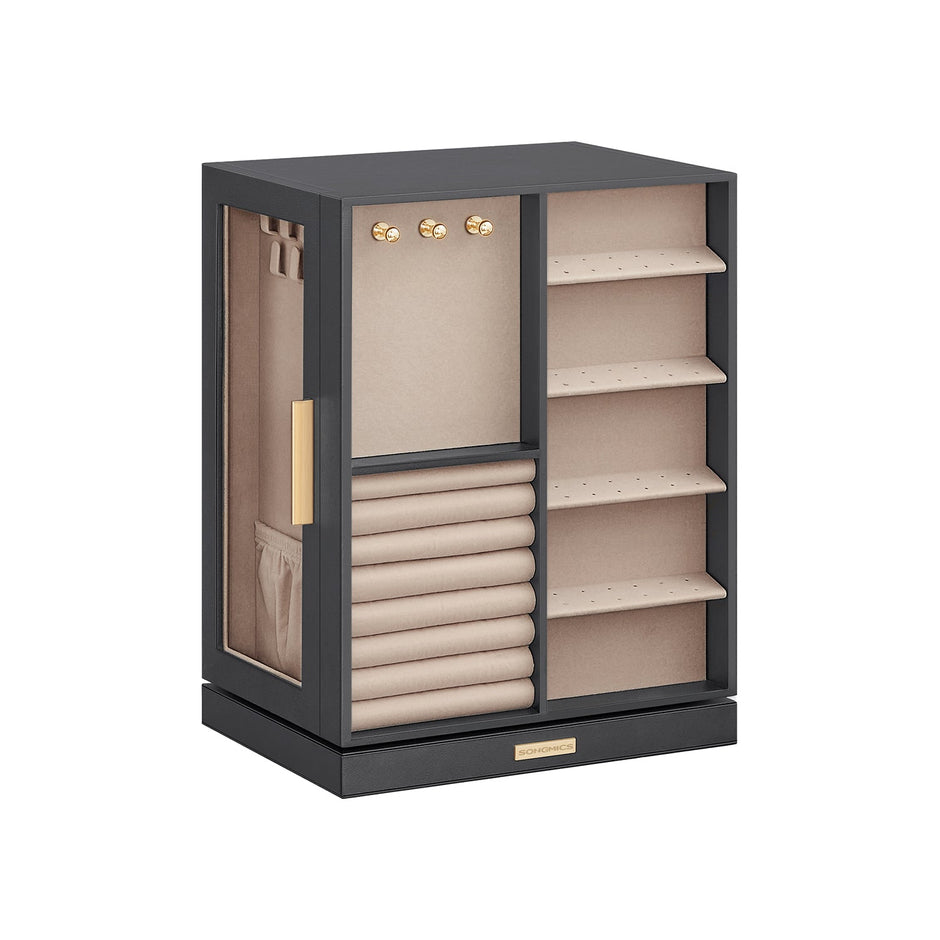 Jewellery Box – Wood – Black – 360° Rotating with Glass Window and 5 Drawers
