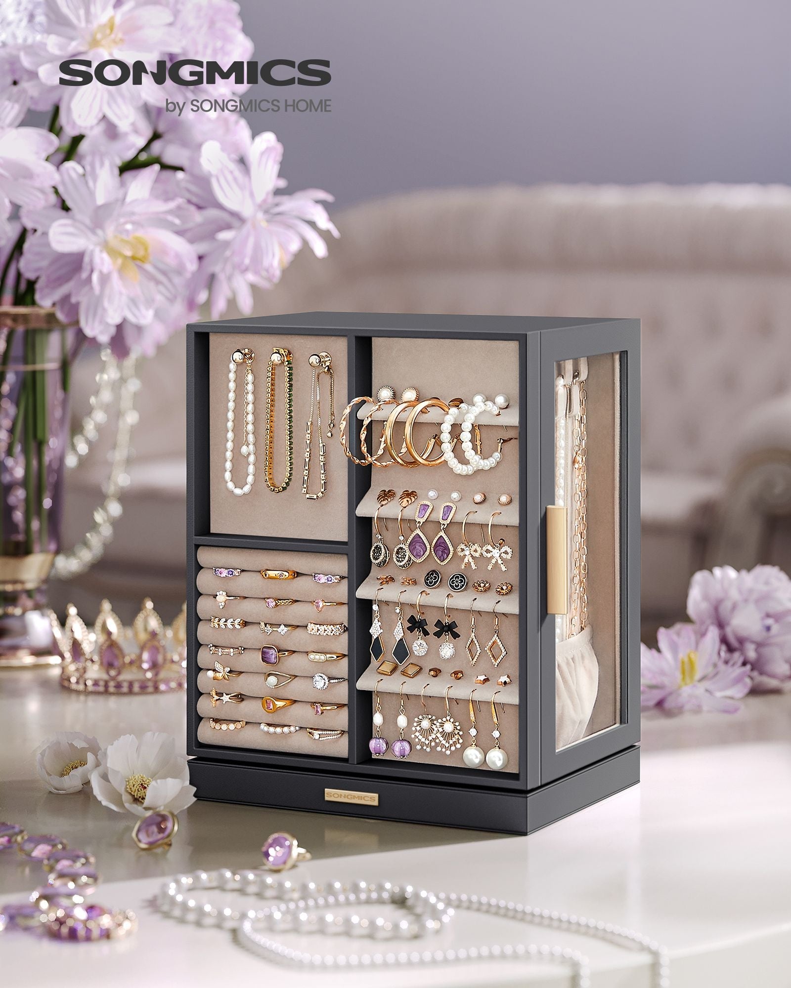 Jewellery Box – Wood – Black – 360° Rotating with Glass Window and 5 Drawers