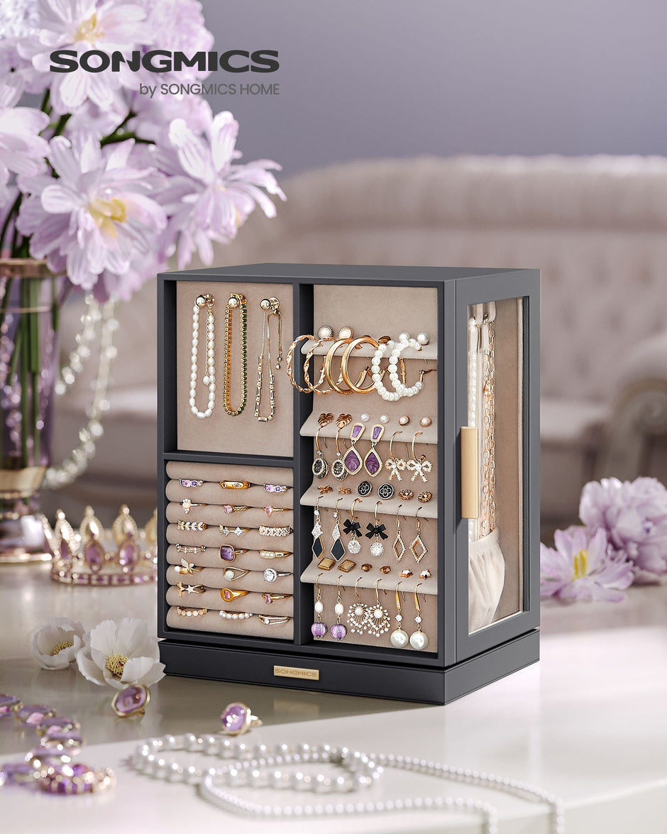 Jewellery Box – Wood – Black – 360° Rotating with Glass Window and 5 Drawers