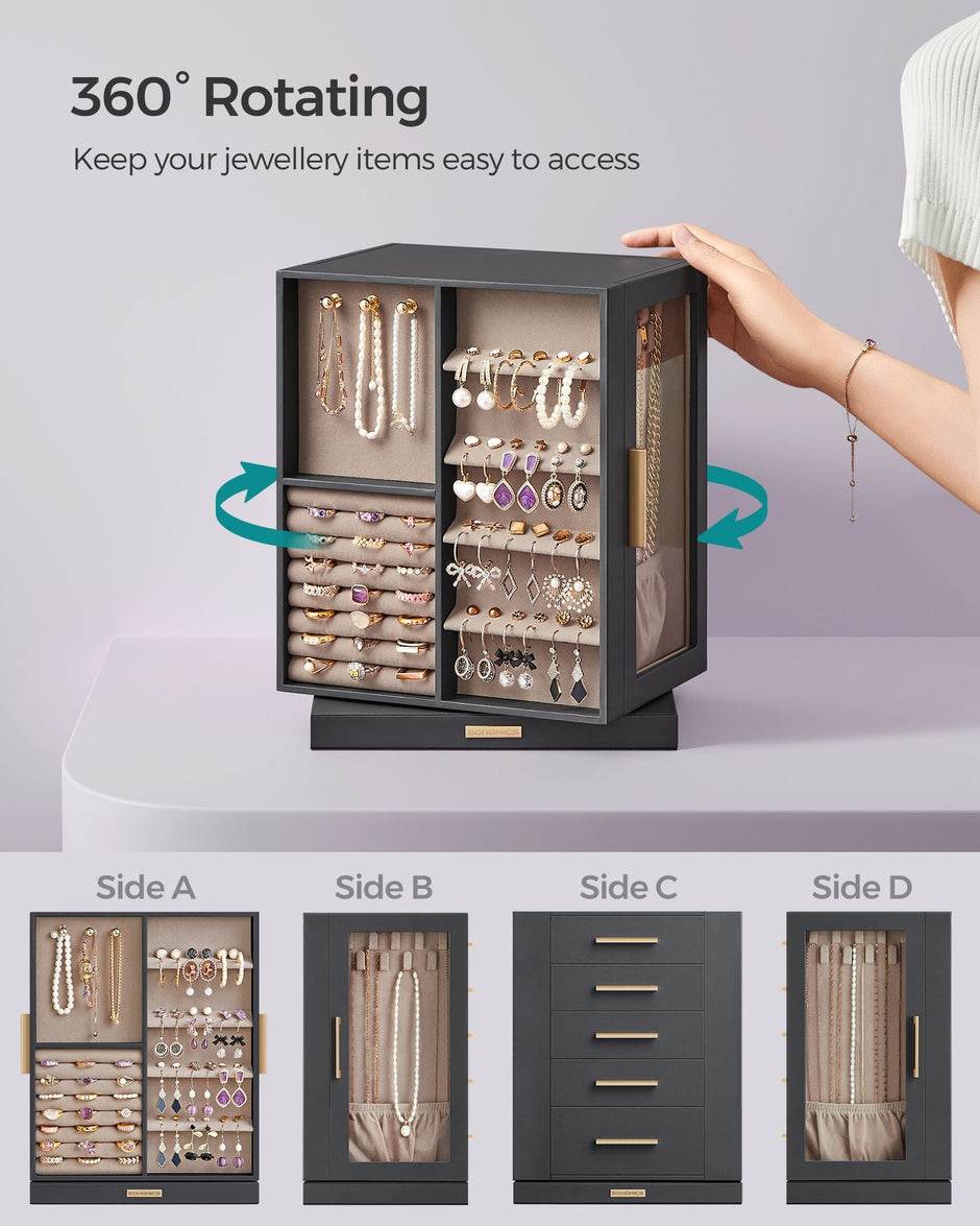 Jewellery Box – Wood – Black – 360° Rotating with Glass Window and 5 Drawers