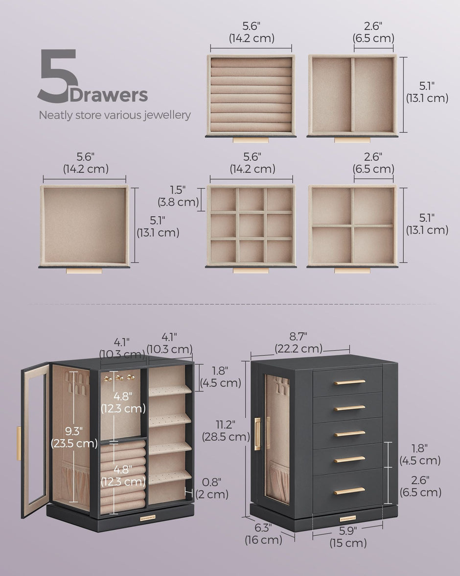 Jewellery Box – Wood – Black – 360° Rotating with Glass Window and 5 Drawers