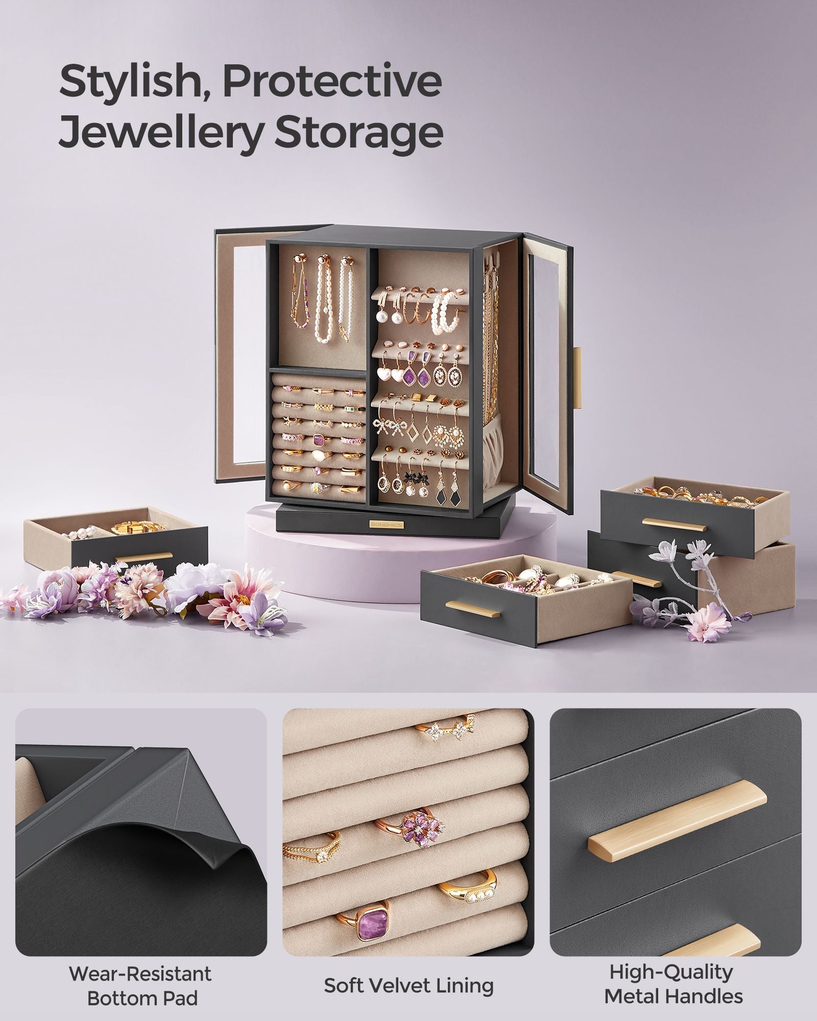 Jewellery Box – Wood – Black – 360° Rotating with Glass Window and 5 Drawers