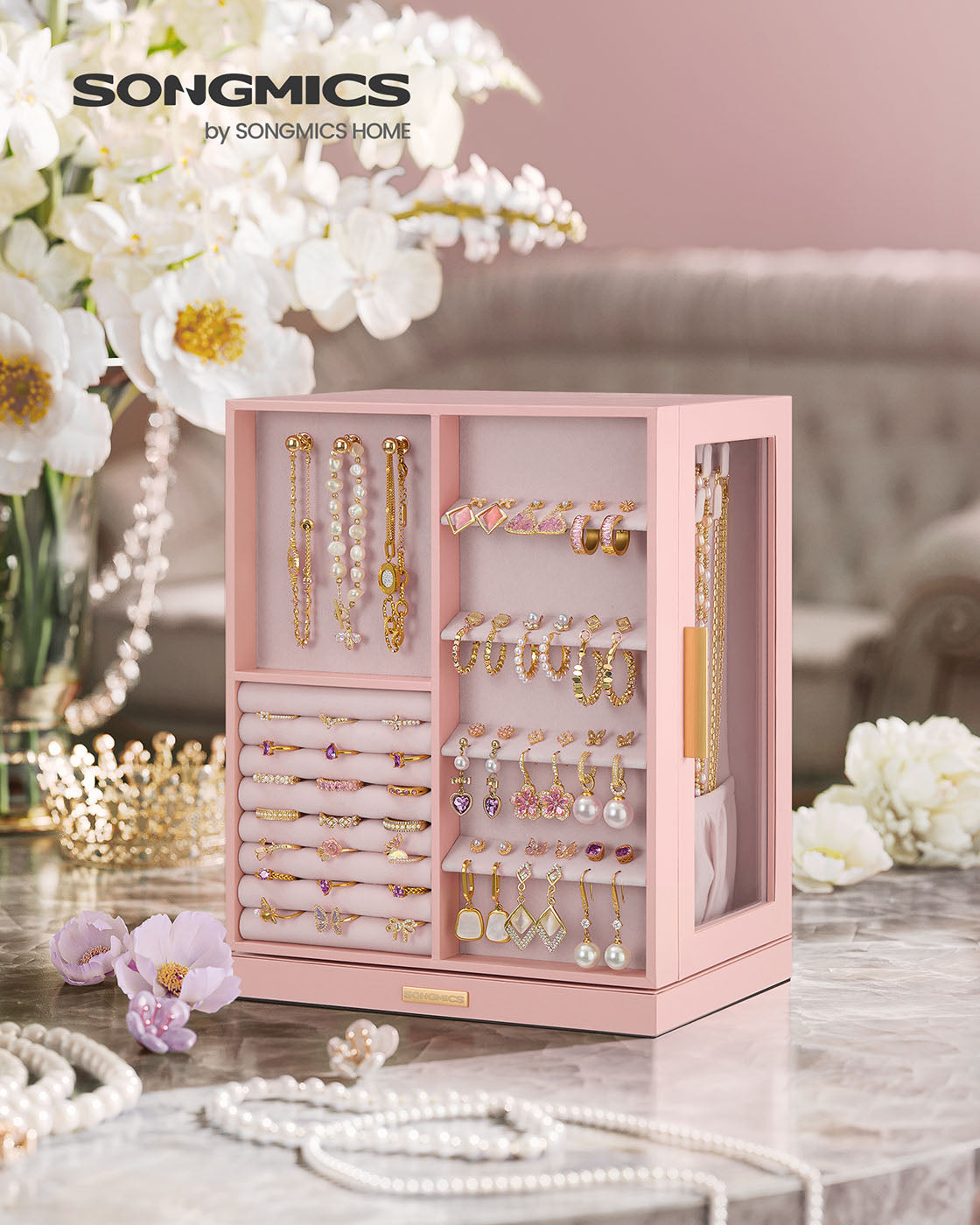 Jewellery Box – Glass – Jelly Pink – 360° Rotating with 5 Drawers and Open Design