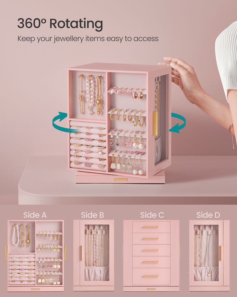 Jewellery Box – Glass – Jelly Pink – 360° Rotating with 5 Drawers and Open Design
