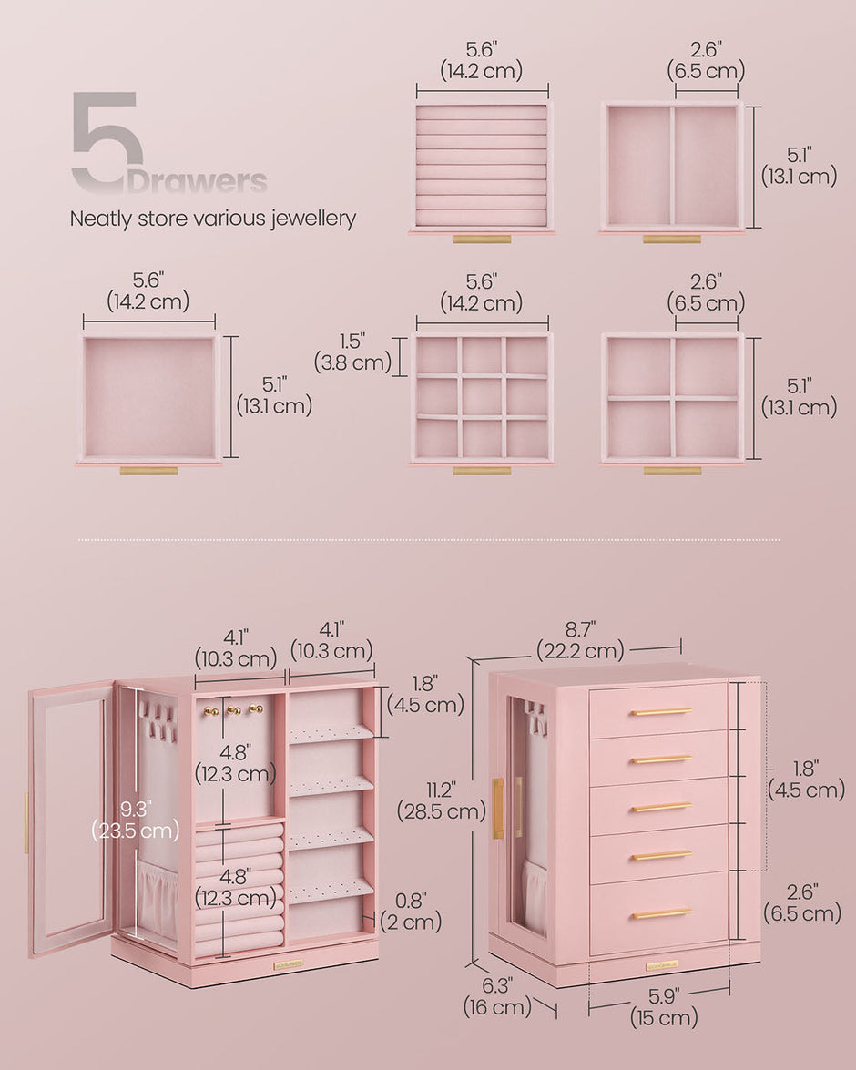 Jewellery Box – Glass – Jelly Pink – 360° Rotating with 5 Drawers and Open Design