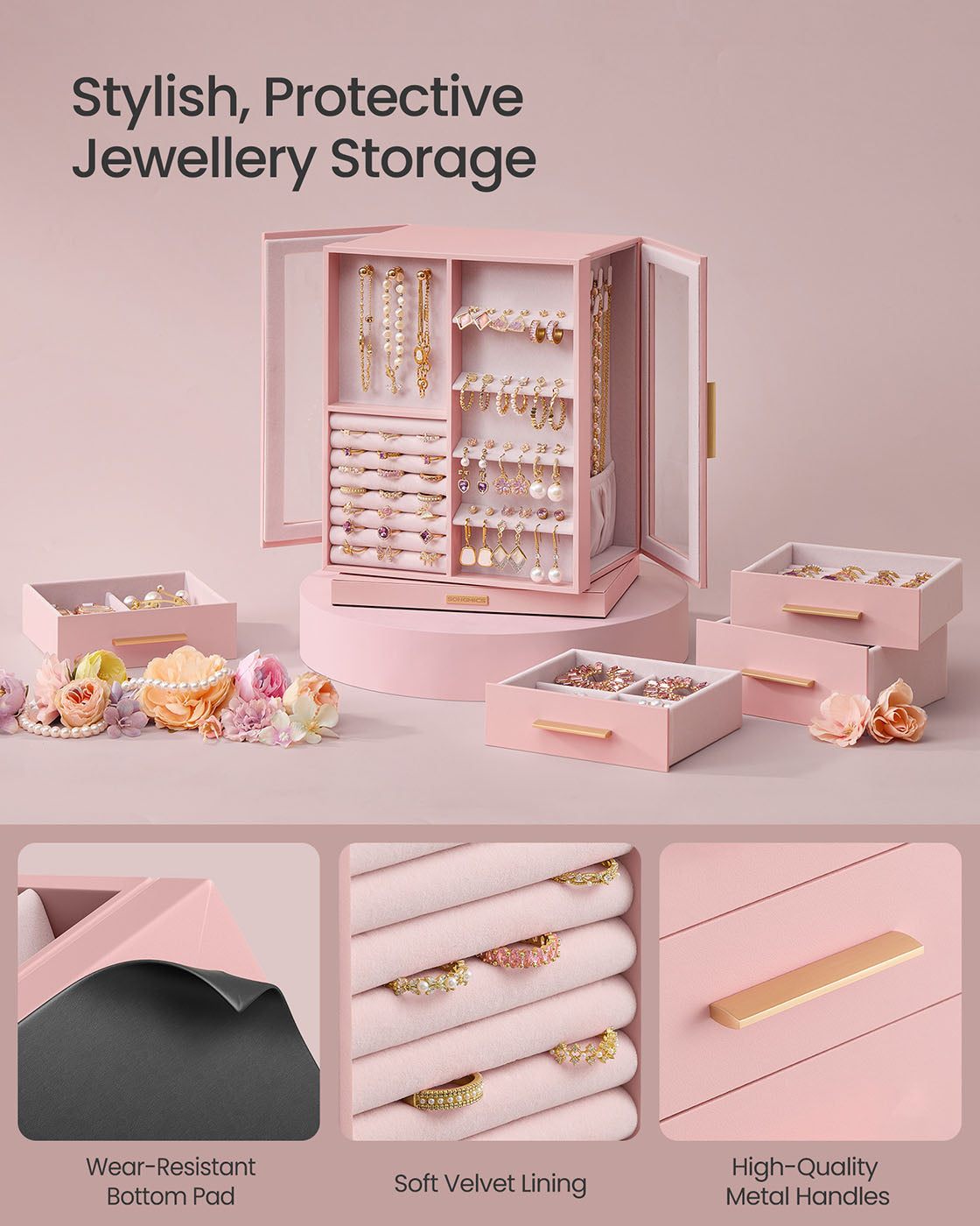 Jewellery Box – Glass – Jelly Pink – 360° Rotating with 5 Drawers and Open Design