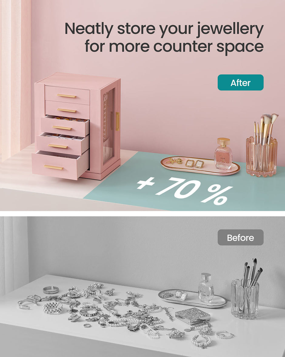 Jewellery Box – Glass – Jelly Pink – 360° Rotating with 5 Drawers and Open Design