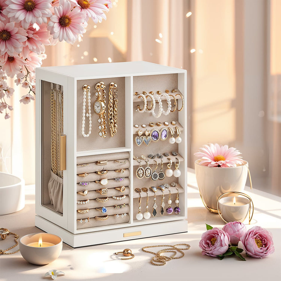 Jewellery Box – Wood and Glass – White – 360° Rotating with 5 Drawers and Spacious Vertical Storage