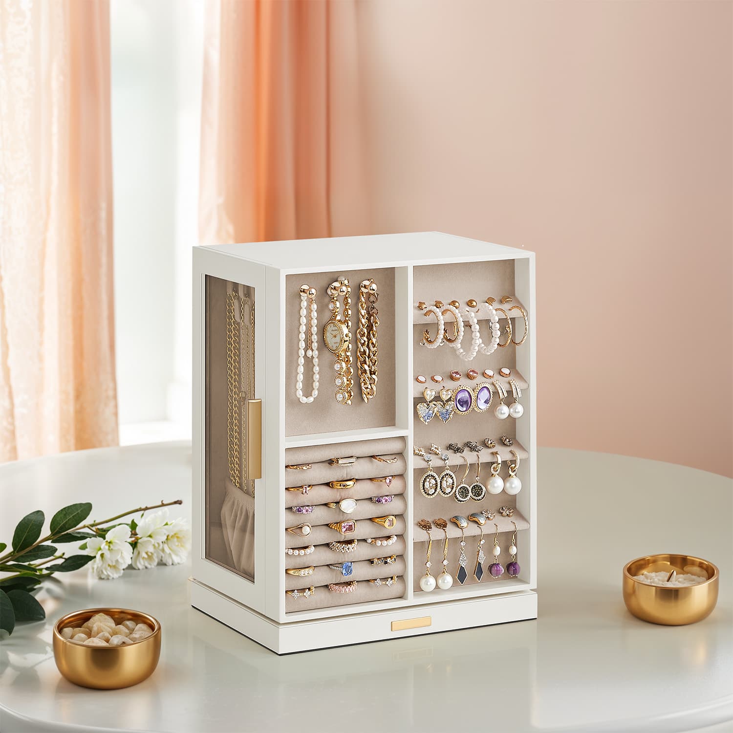 Jewellery Box – Wood and Glass – White – 360° Rotating with 5 Drawers and Spacious Vertical Storage
