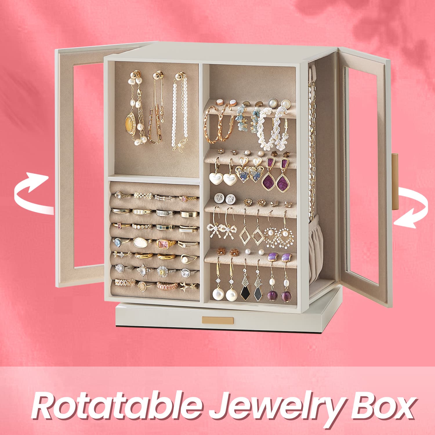 Jewellery Box – Wood and Glass – White – 360° Rotating with 5 Drawers and Spacious Vertical Storage