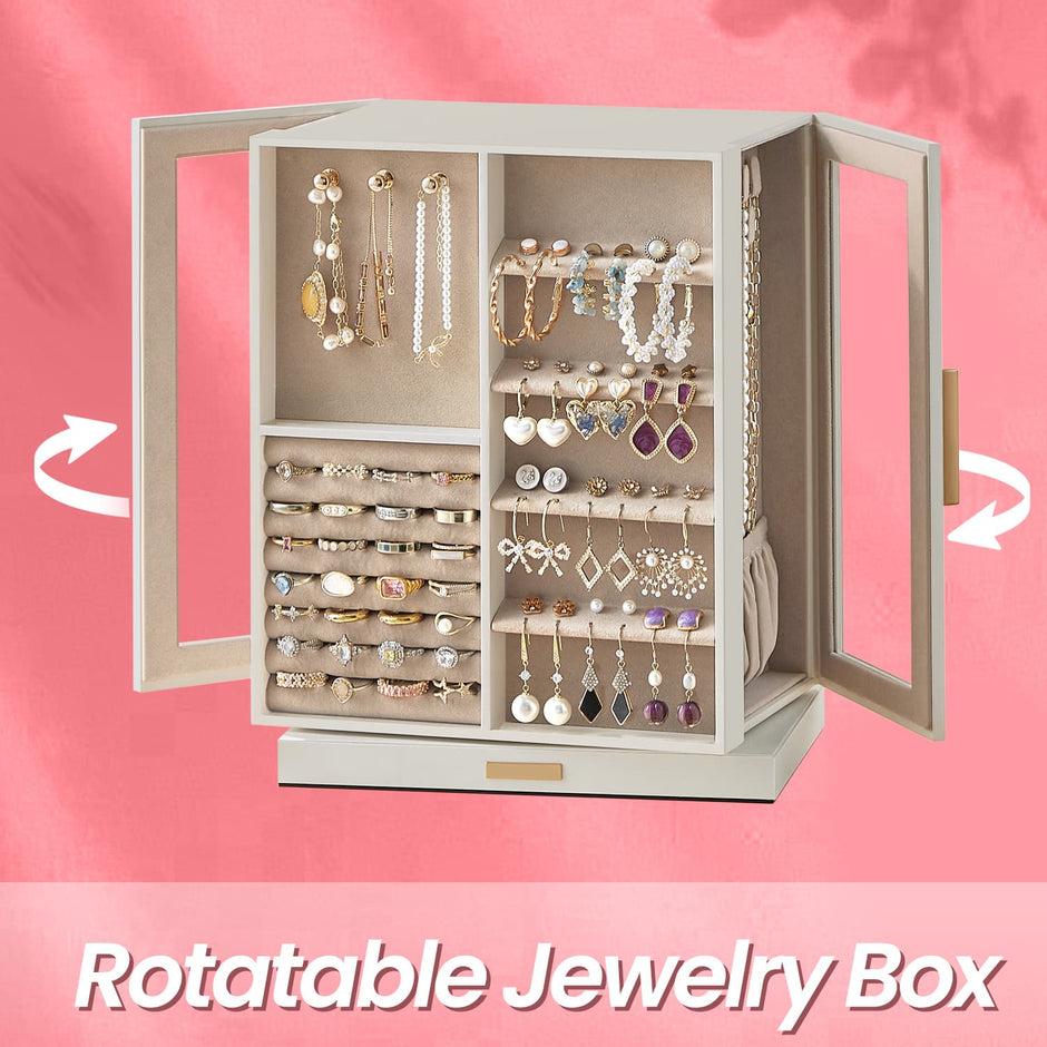Jewellery Box – Wood and Glass – White – 360° Rotating with 5 Drawers and Spacious Vertical Storage