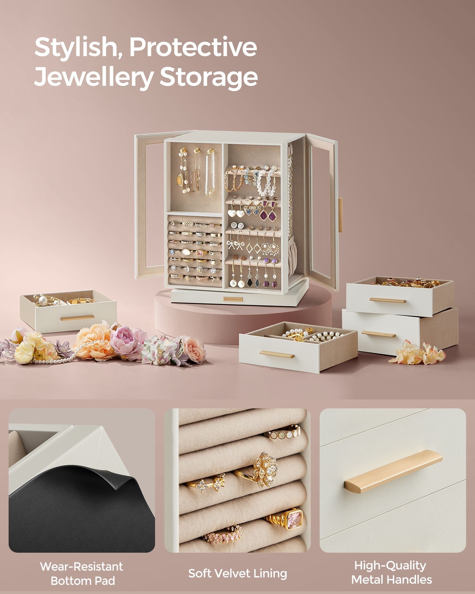 Jewellery Box – Wood – Black – 360° Rotating with Glass Window and 5 Drawers