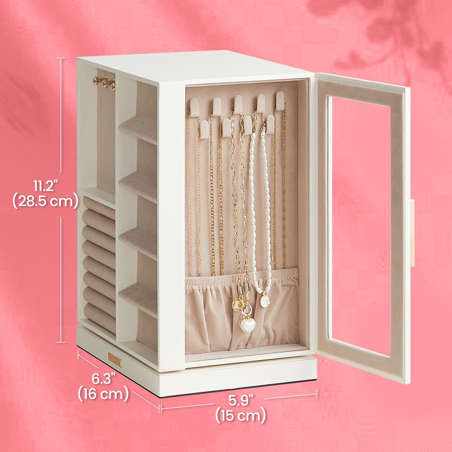 Jewellery Box – Wood and Glass – White – 360° Rotating with 5 Drawers and Spacious Vertical Storage