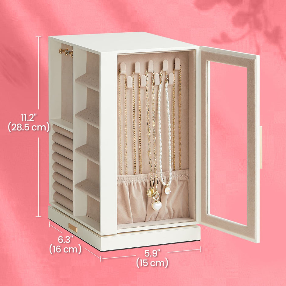 Jewellery Box – Wood and Glass – White – 360° Rotating with 5 Drawers and Spacious Vertical Storage