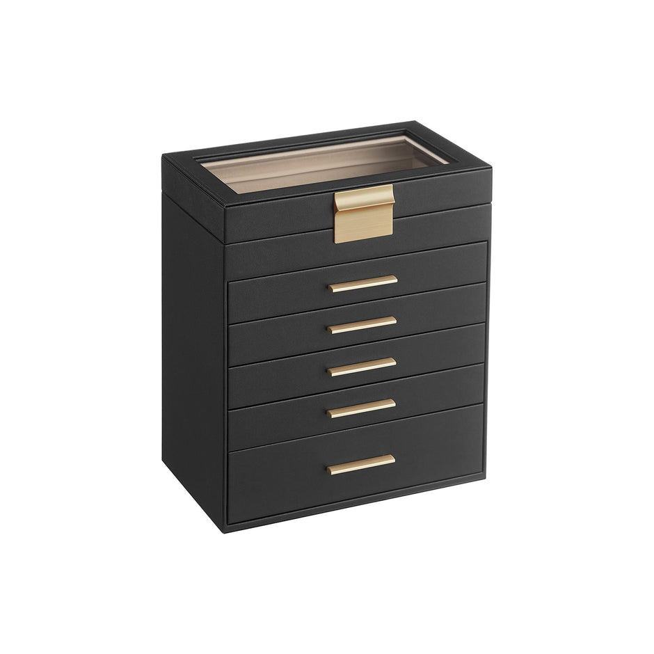 6-Tier Jewellery Box – Glass – Graphite Black and Gold – Modern Style with 5 Drawers