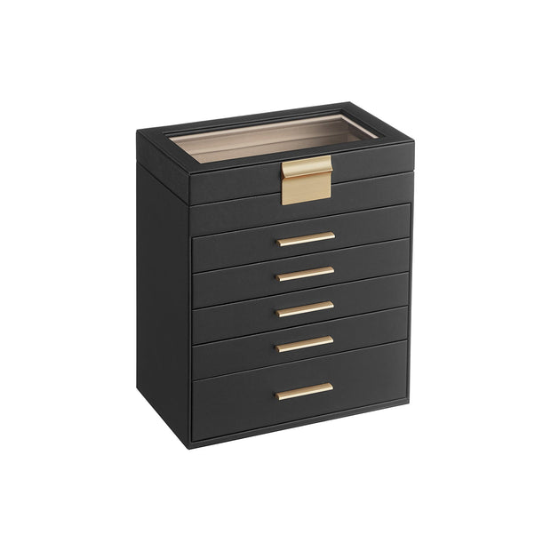 6-Tier Jewellery Box – Glass – Graphite Black and Gold – Modern Style with 5 Drawers