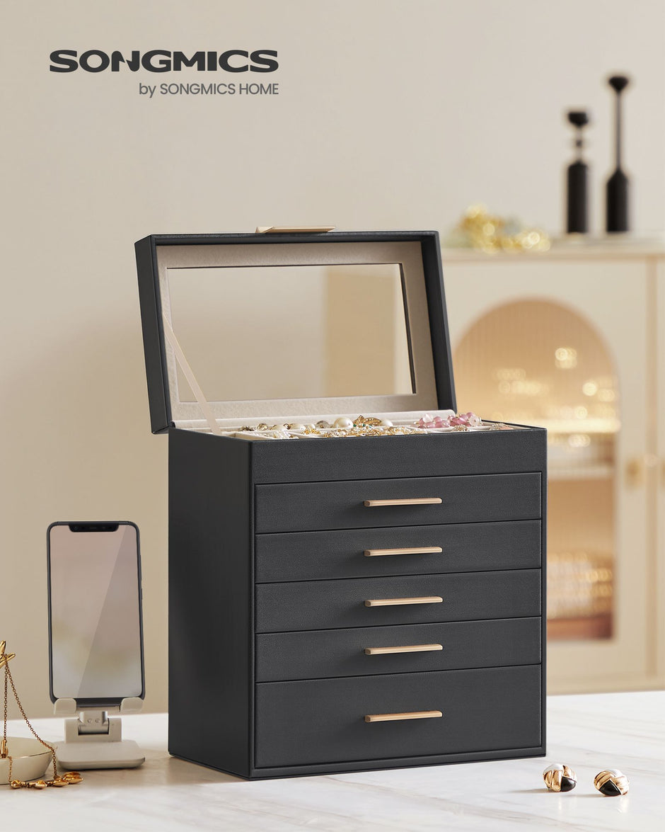 6-Tier Jewellery Box – Glass – Graphite Black and Gold – Modern Style with 5 Drawers