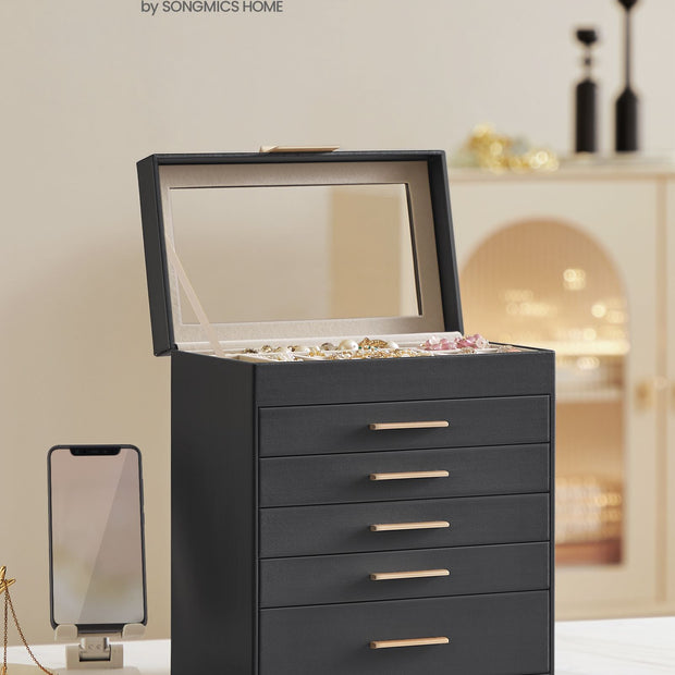 6-Tier Jewellery Box – Glass – Graphite Black and Gold – Modern Style with 5 Drawers
