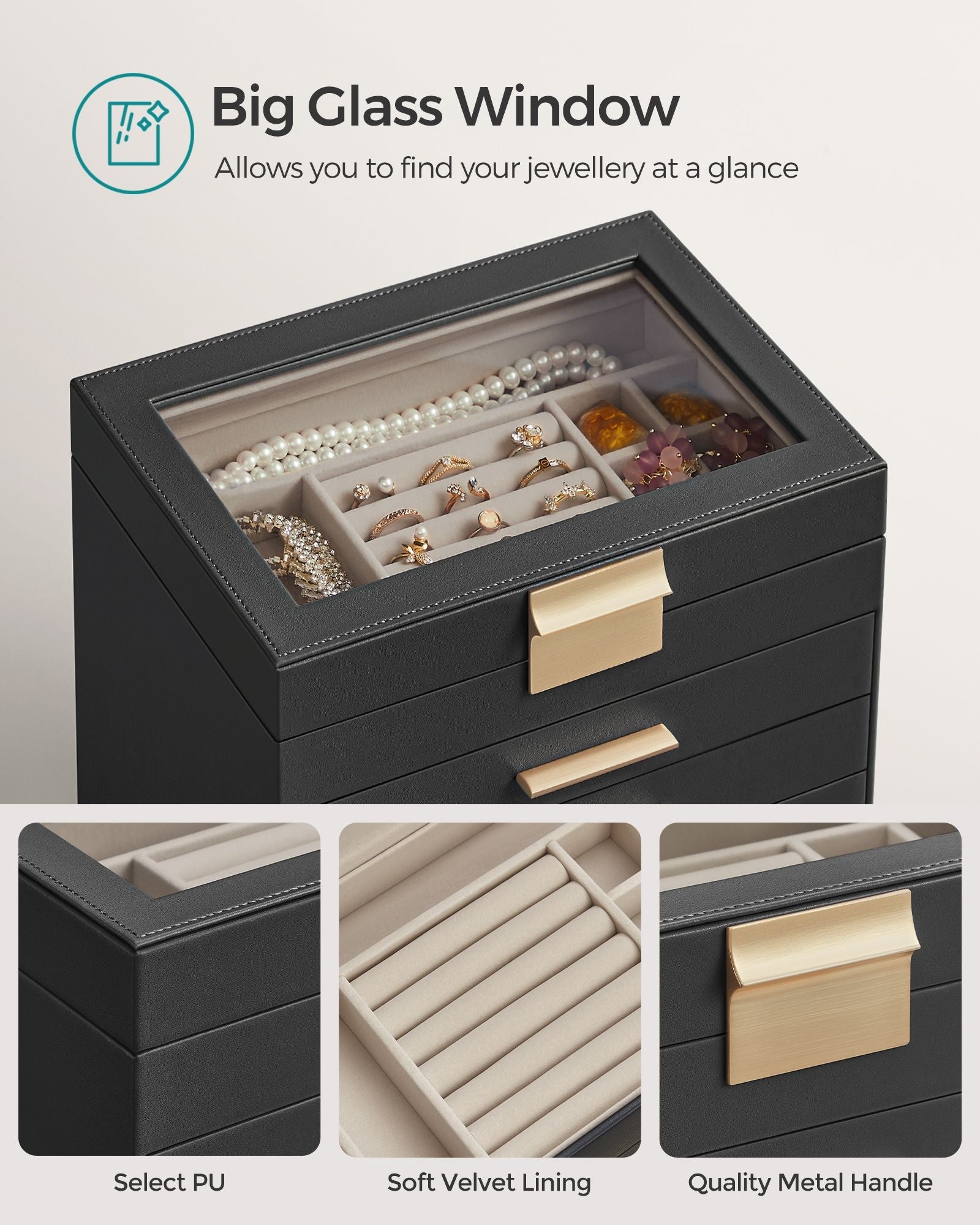 6-Tier Jewellery Box – Glass – Graphite Black and Gold – Modern Style with 5 Drawers