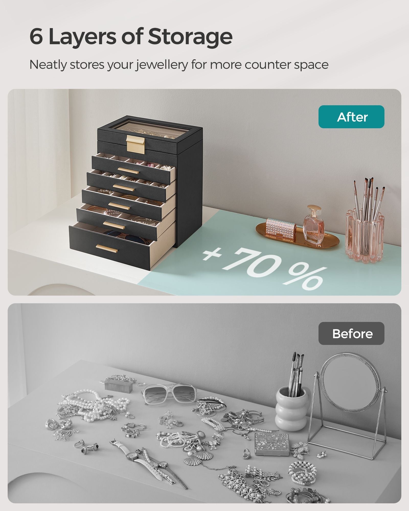 6-Tier Jewellery Box – Glass – Graphite Black and Gold – Modern Style with 5 Drawers