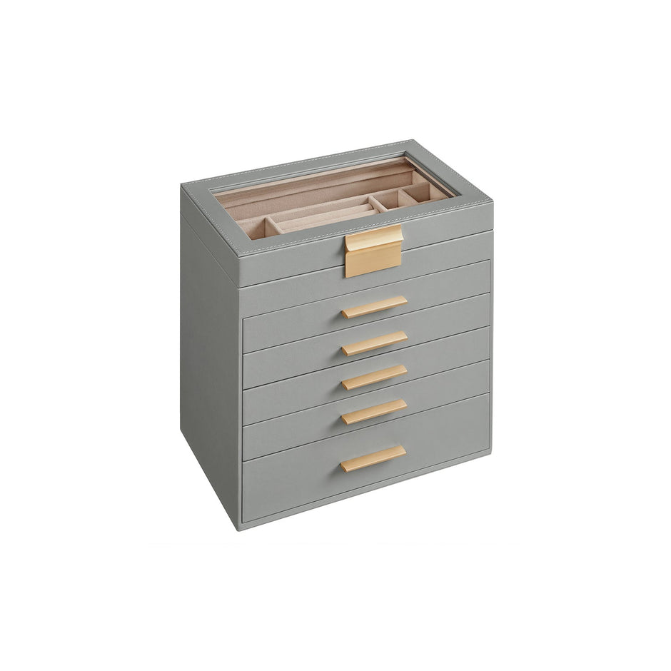 Jewellery Box – Wood and Glass – Dove Grey and Gold – 6-Tier Design with Lid