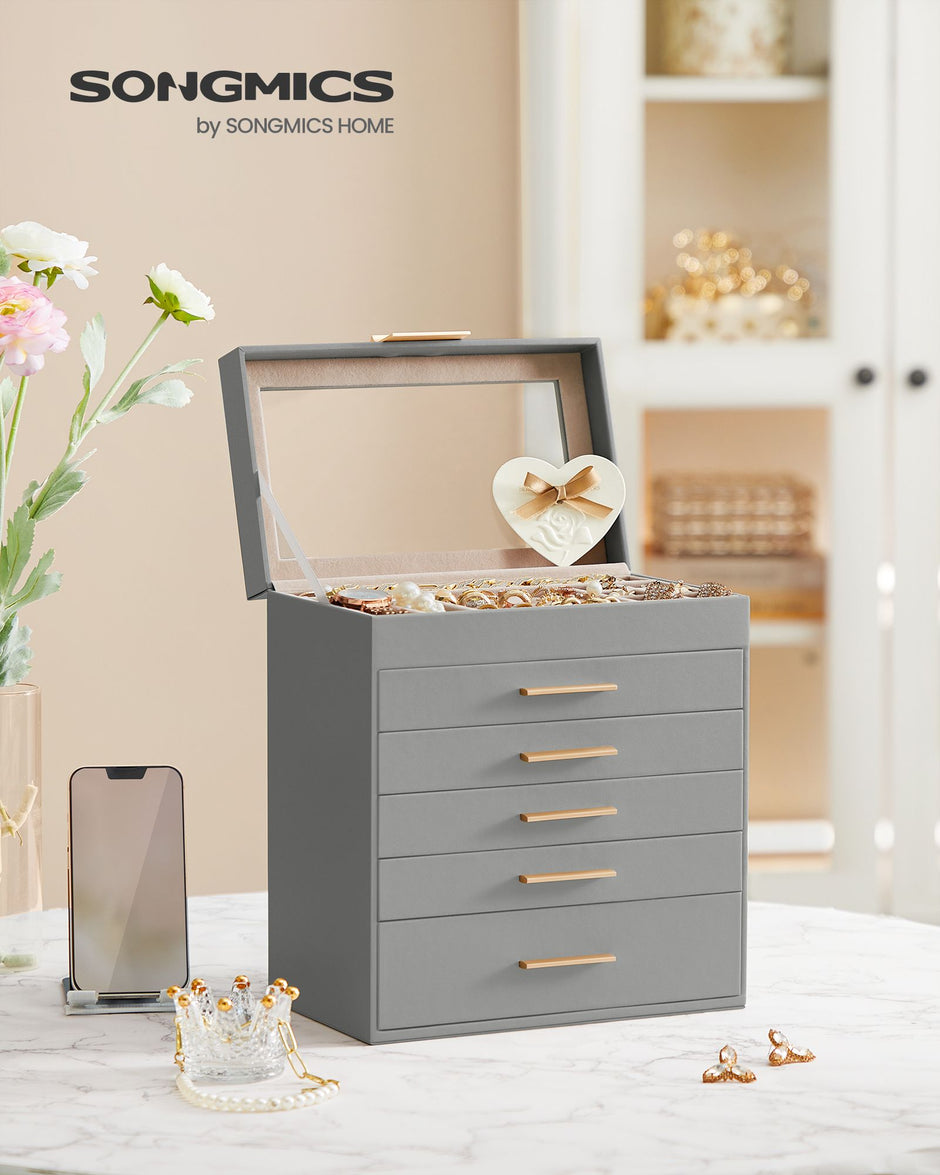 Jewellery Box – Wood and Glass – Dove Grey and Gold – 6-Tier Design with Lid