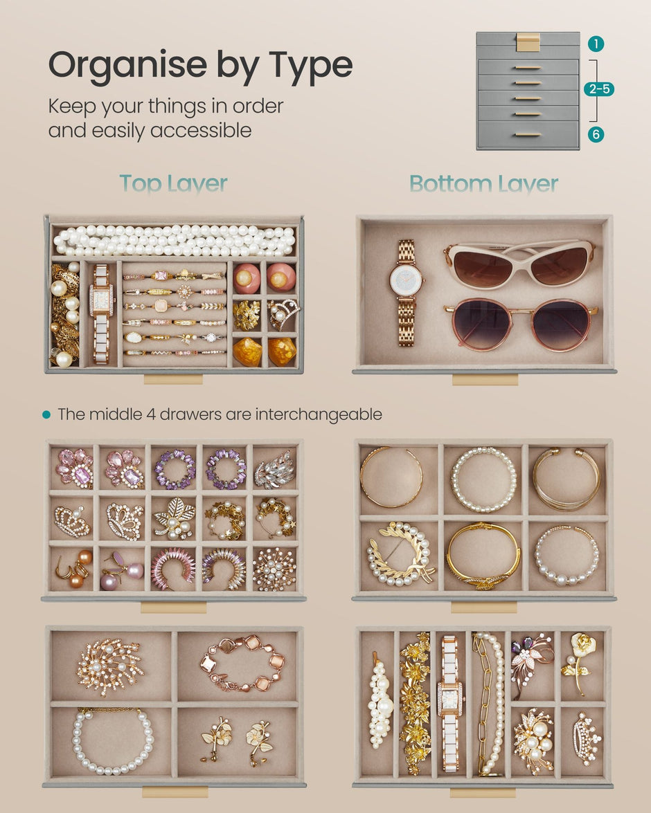 Jewellery Box – Wood and Glass – Dove Grey and Gold – 6-Tier Design with Lid