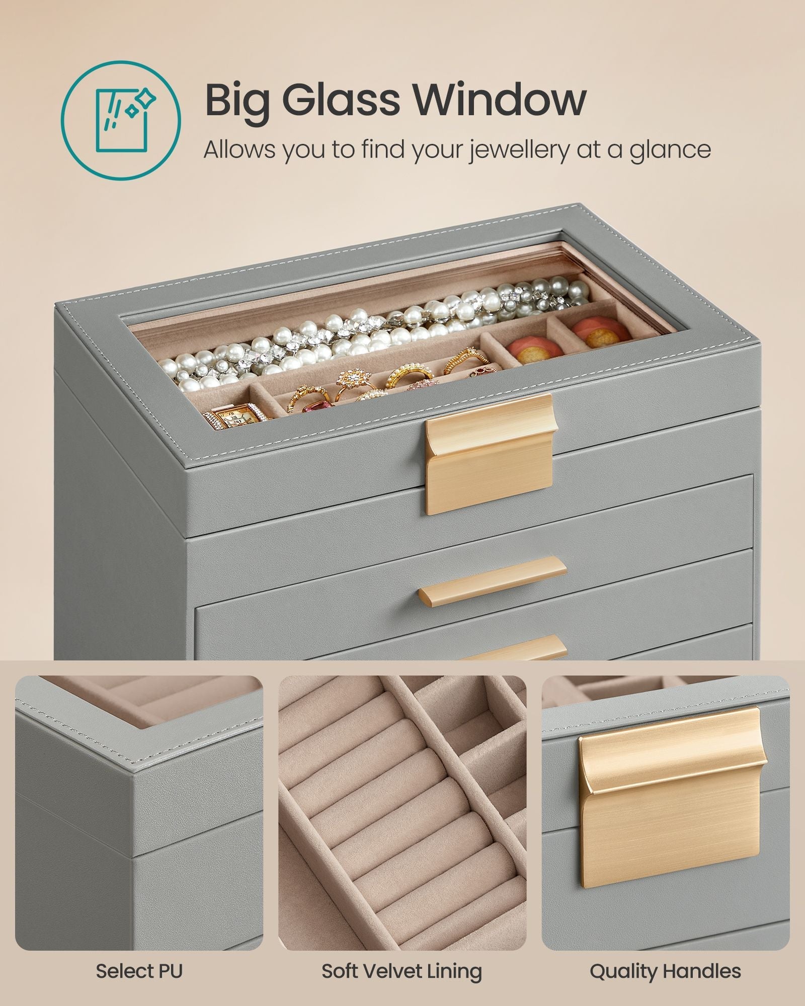 Jewellery Box – Wood and Glass – Dove Grey and Gold – 6-Tier Design with Lid