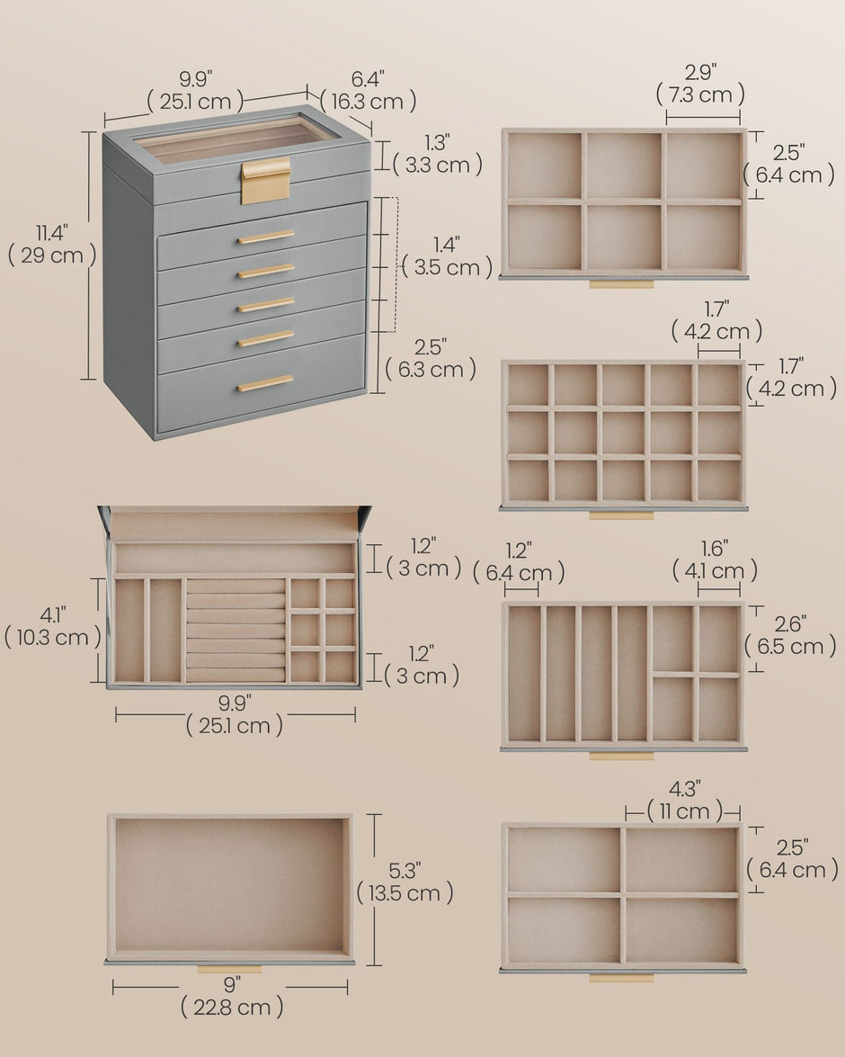 Jewellery Box – Wood and Glass – Dove Grey and Gold – 6-Tier Design with Lid
