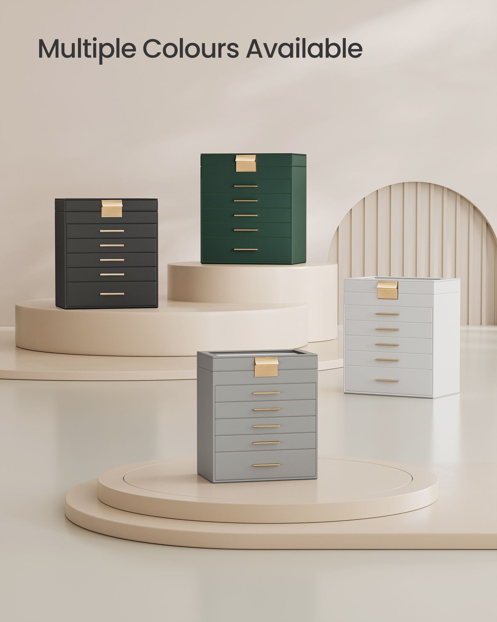 Jewellery Box – Wood and Glass – Dove Grey and Gold – 6-Tier Design with Lid