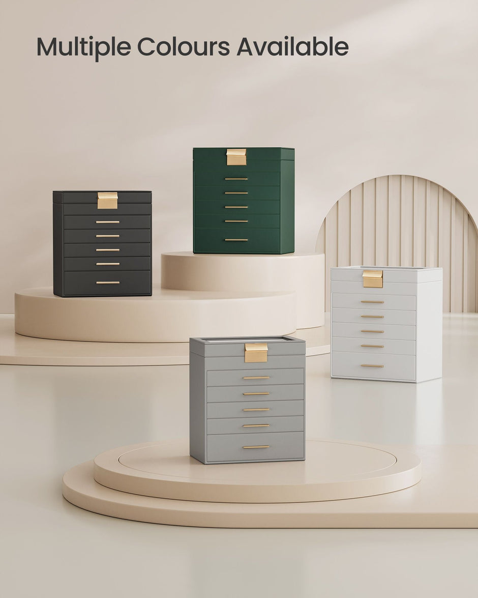 Jewellery Box – Wood and Glass – Dove Grey and Gold – 6-Tier Design with Lid