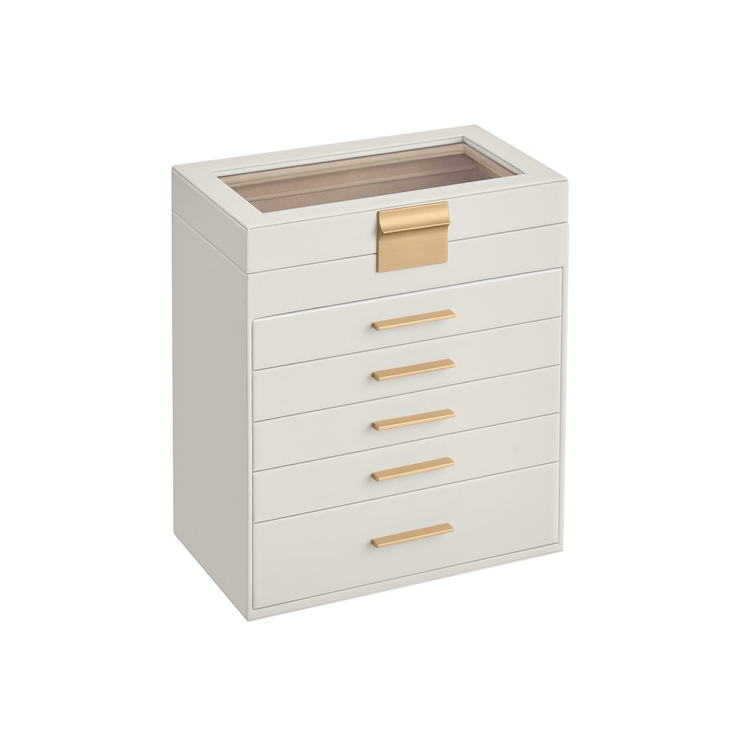 6-Tier Jewellery Box – Glass – Cloud White and Gold – Modern Design with Drawers