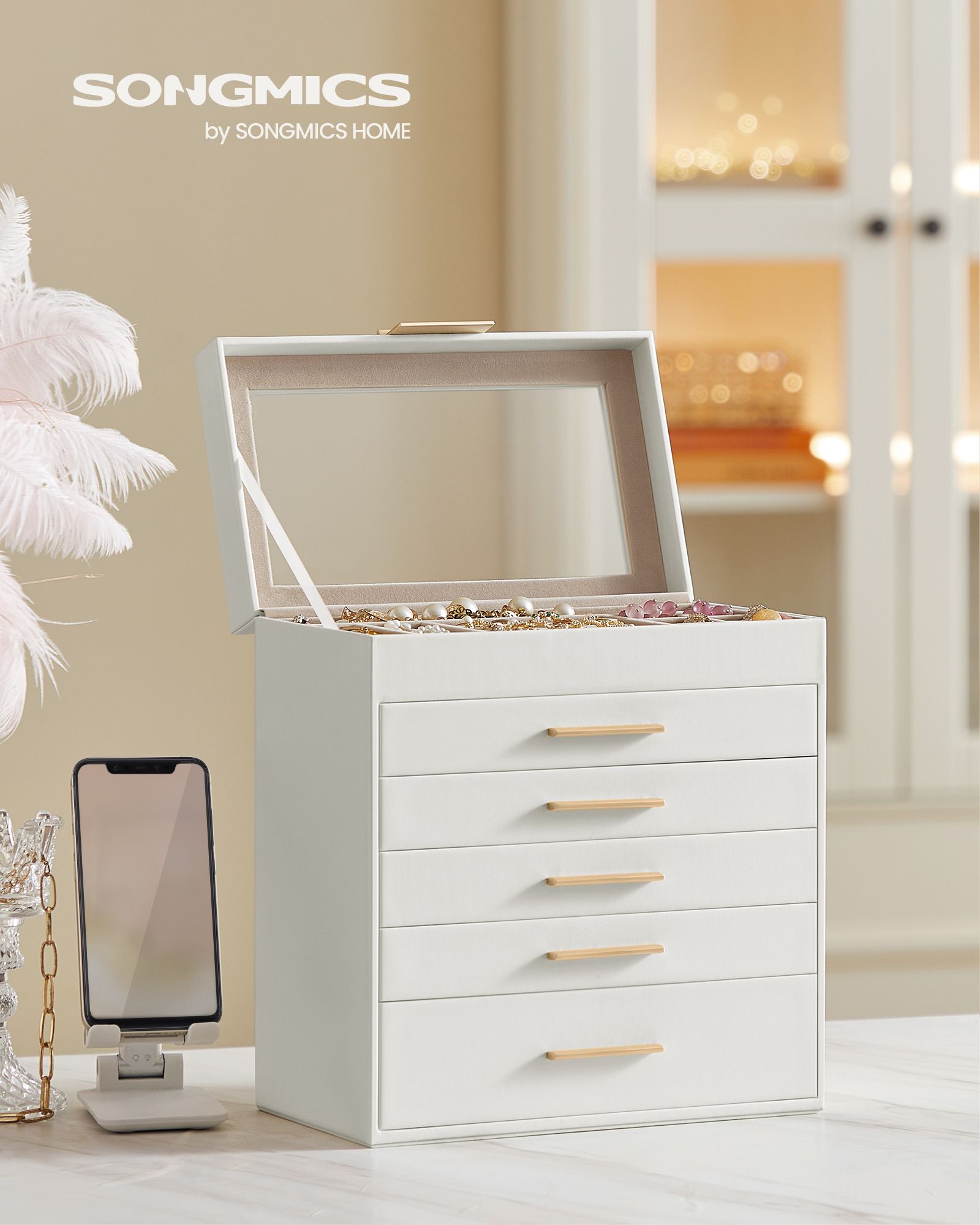 6-Tier Jewellery Box – Glass – Cloud White and Gold – Modern Design with Drawers